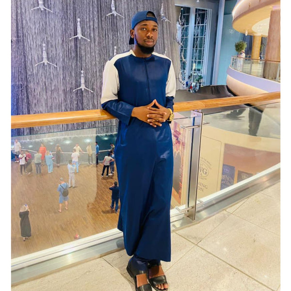 Qamis Homme Bicolore Élegant - Bleu Nuit & Blanc